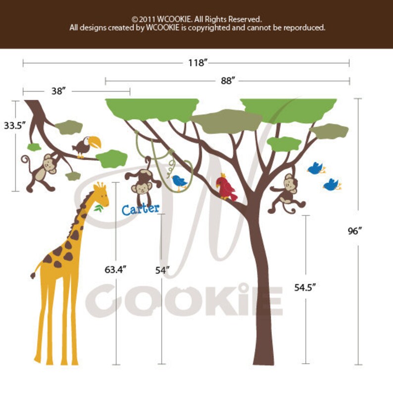 Monkeys Giraffe Birds and Tree With Custom Name Wall Decal Etsy