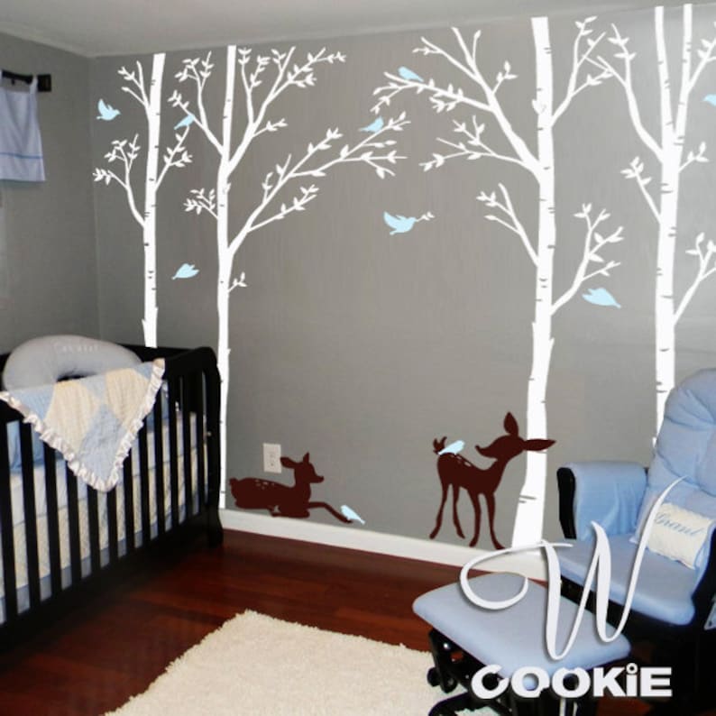Birch Trees, Birds and Fawns Wall Decal image 1
