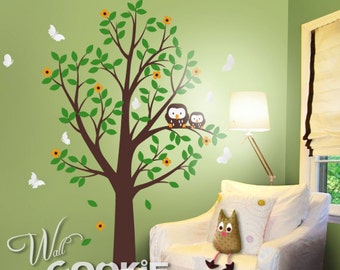 Cute Owls with Tree (Free Butterflies) - Nursery Wall Decal