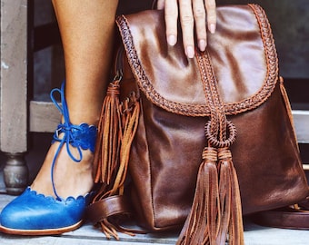 SANDY BAY. Brown leather backpack / brown backpack purse / brown purse / fringe backpack / boho bag. Available in different leather colors.