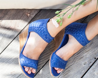 ATHENA Blue wedges shoes for bride | low heel wedding shoes | wooden platform shoes | barefoot sandals wedding