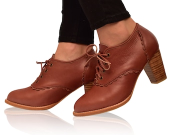 LACE. Genuine leather oxford heels / leather oxford shoes / brown leather booties / . ALL sizes