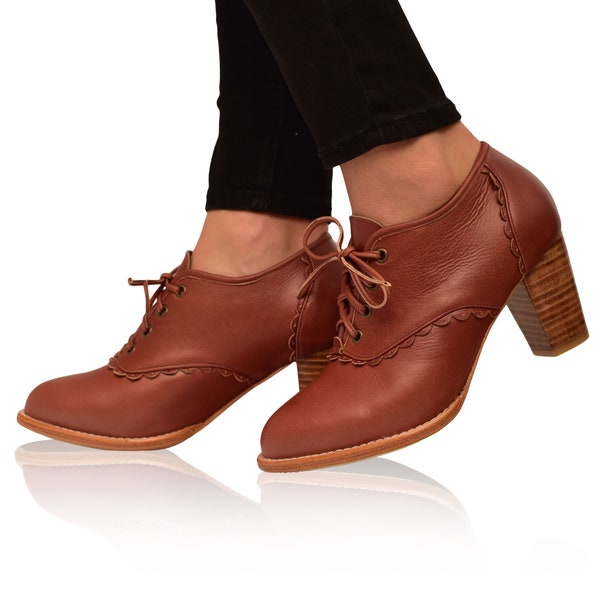 LACE. Genuine leather oxford heels / leather oxford shoes / brown leather booties / . ALL sizes