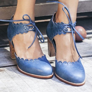 DANCE QUEEN. Blue leather shoes | dance shoes women | high heels shoes | block heel shoes