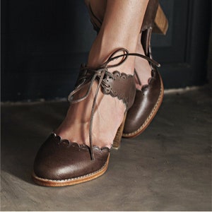 DANCE QUEEN. Dance shoes women block heel shoes high heels brown leather sandals Dark Brown