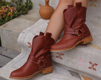 CALI. Brown leather boots women / cowboy boots / brown winter boots /  ladies leather booties