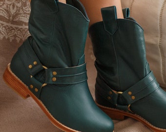 CALI. Leather boots women / cowboy leather boots / riding boots /  ladies boots / green boots