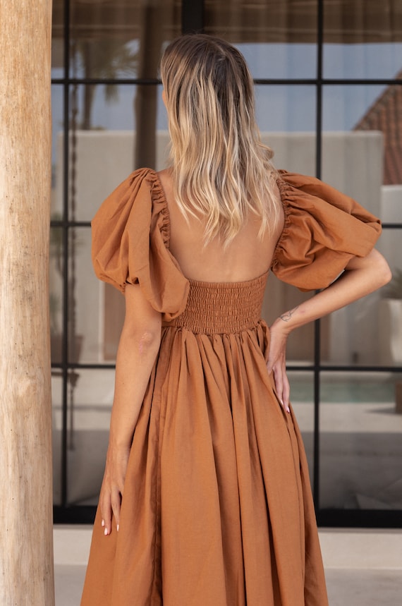 CHERIE Puff Sleeve Midi Dress. Bohemian Gypsy Dress | Linen Baby 