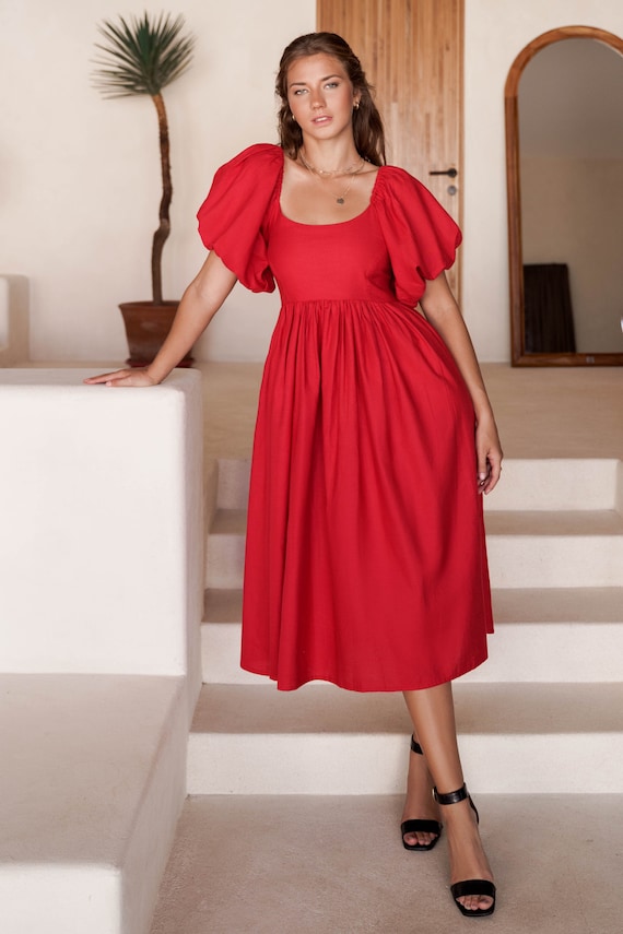 CHERIE Puff Sleeve Midi Dress. Bohemian Gypsy Dress Linen Baby