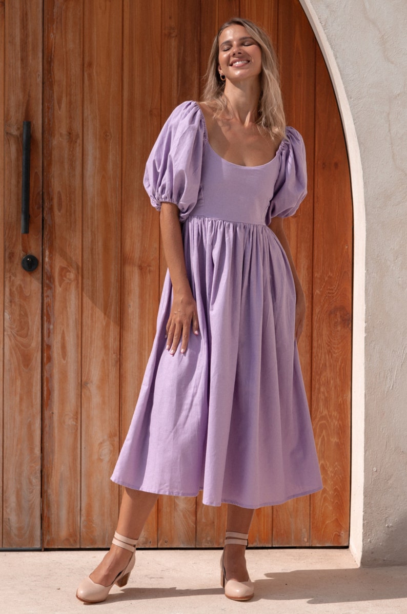 CHERIE puff sleeve midi dress. Bohemian gypsy dress linen baby doll dress cotton midi dress Lavender