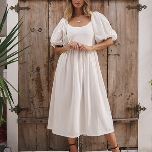 CHERIE puff sleeve midi dress. Bohemian gypsy dress linen baby doll dress cotton midi dress White