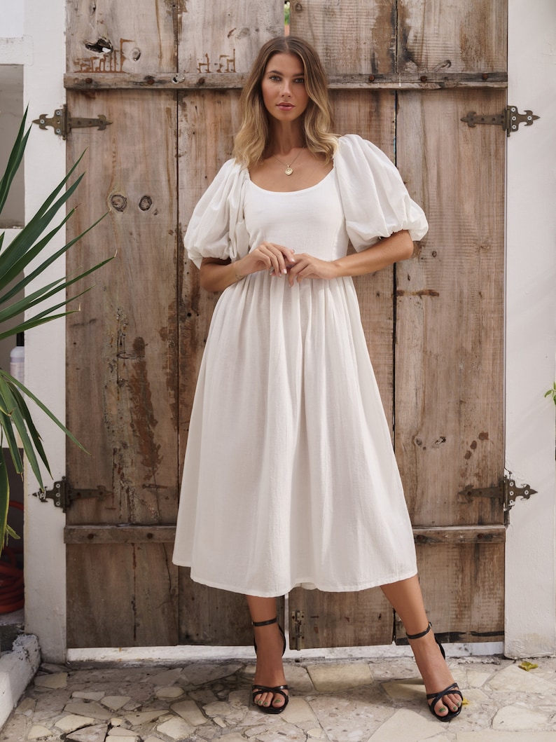 CHERIE puff sleeve midi dress. Bohemian gypsy dress linen baby doll dress cotton midi dress White