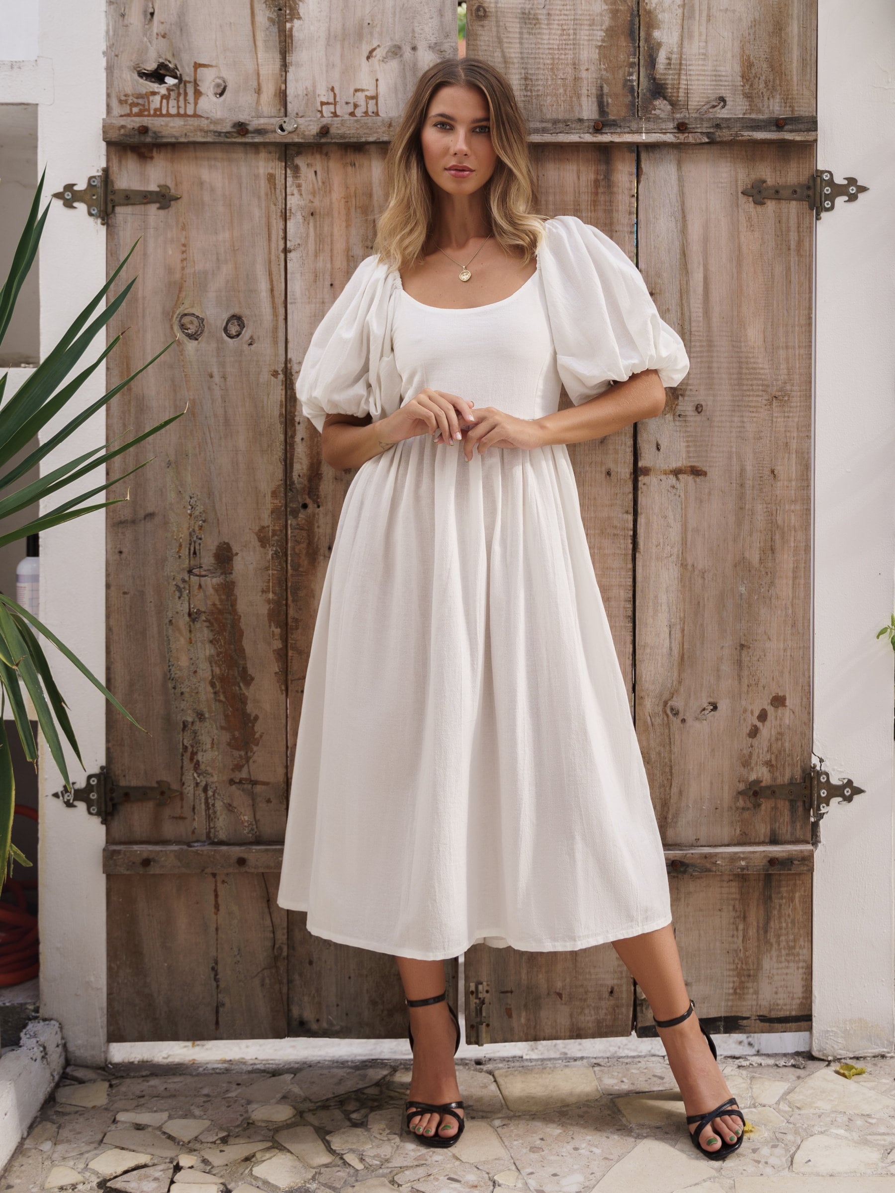 CHERIE Puff Sleeve Midi Dress. Bohemian Gypsy Dress Linen Baby