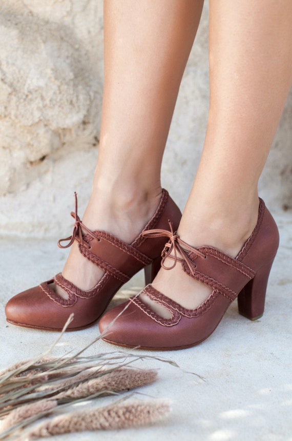 Hazel. bruine leren schoenen / blokhak schoenen / hoge hak - Etsy Nederland