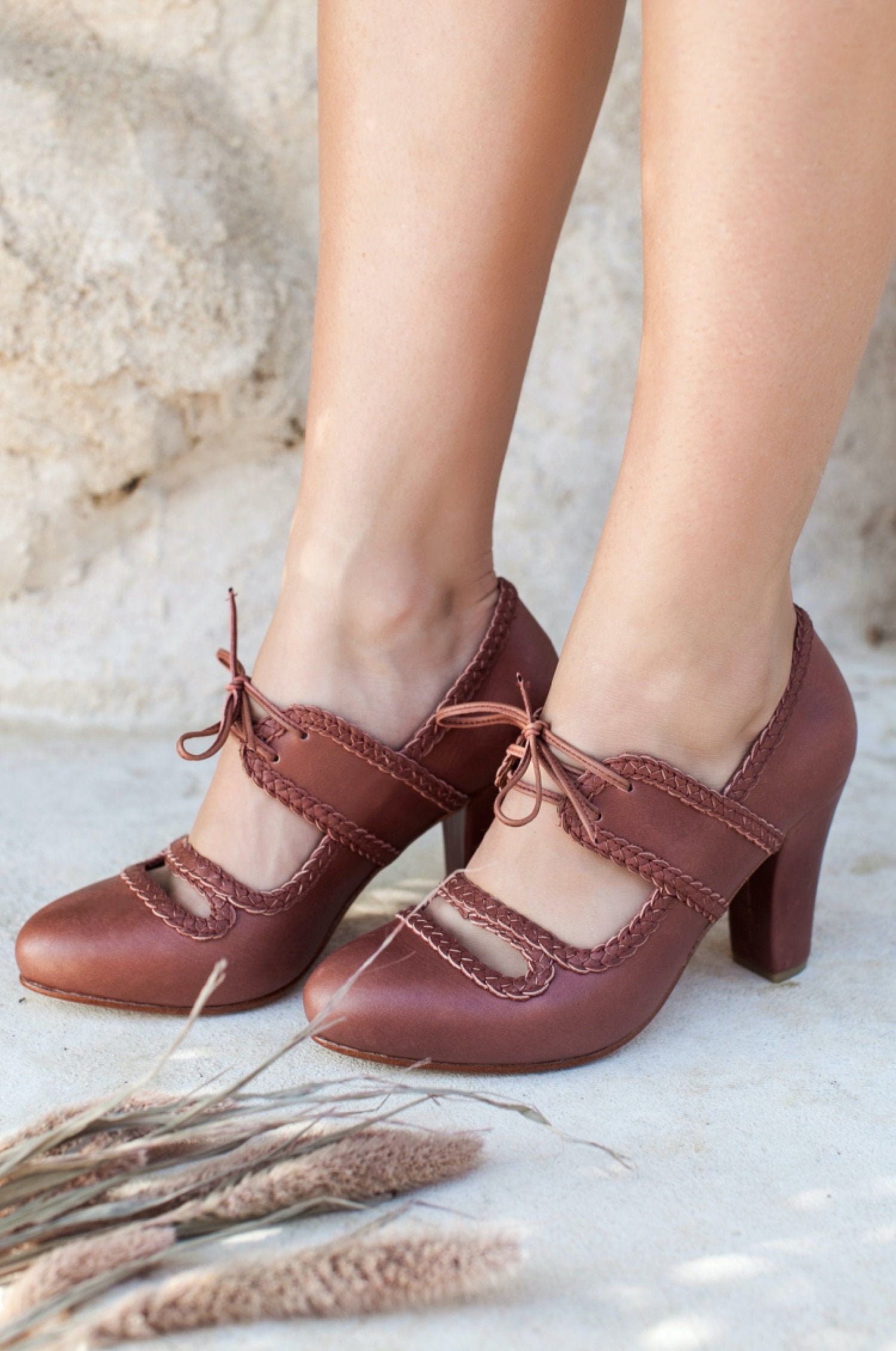 tan leather block heels