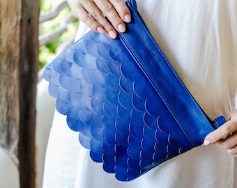 CASCADE blue leather clutch purse / blue leather purse /  clutch evening bag / leather clutch bag women.  Available in different colors.