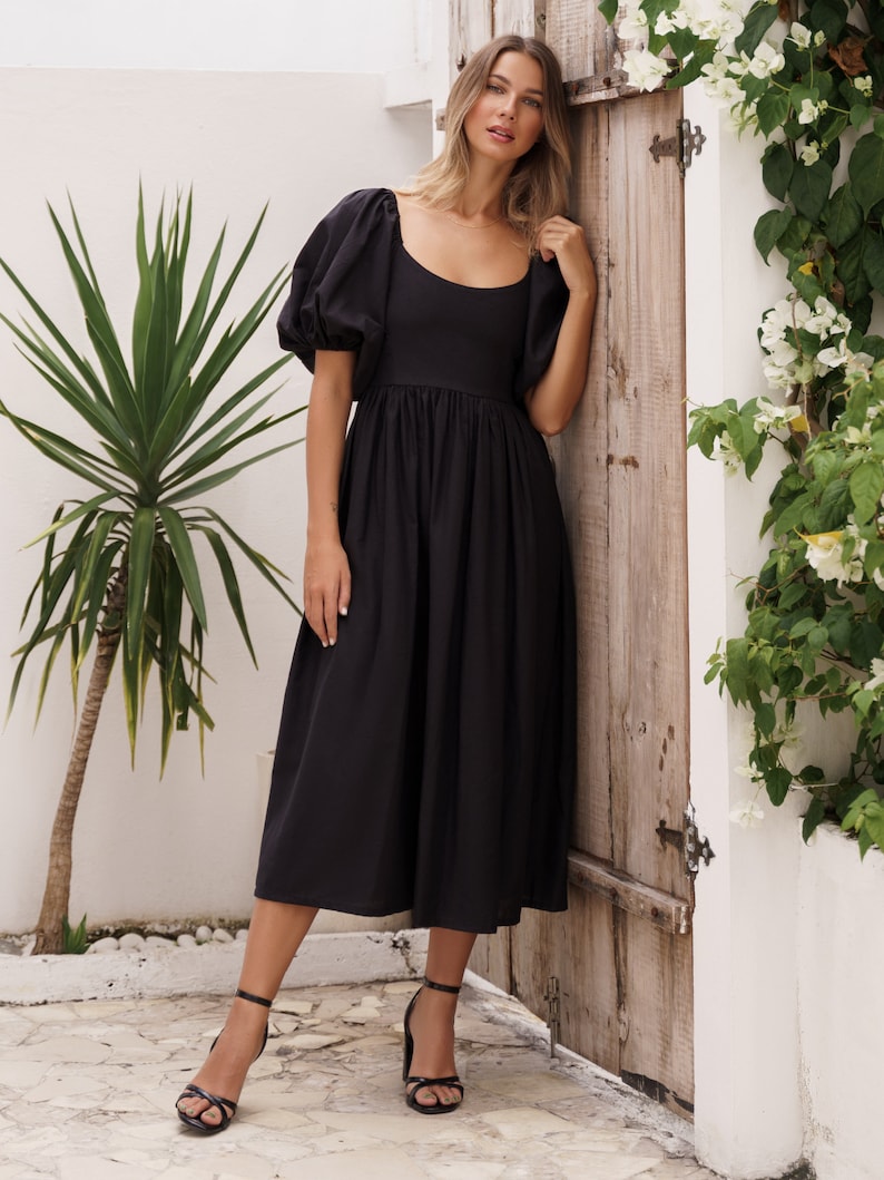 CHERIE puff sleeve midi dress. Bohemian gypsy dress linen baby doll dress cotton midi dress image 3