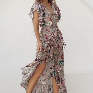 CARMEN. Wrap maxi dress / boho dress / boho maxi dress / frilled / frilly dress / floral maxi dress / bohemian dress / maxi dress boho Beige Floral