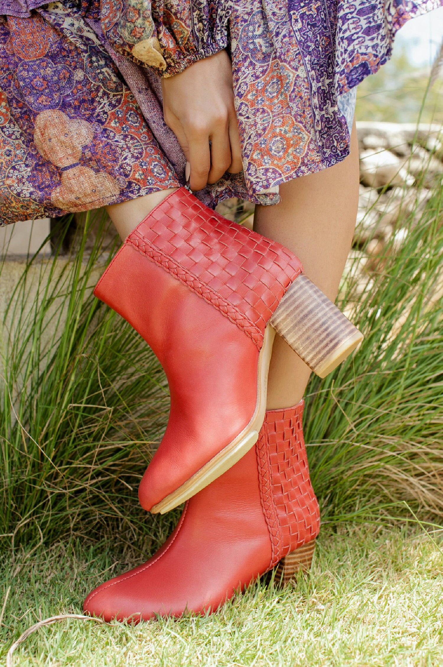 red booties block heel