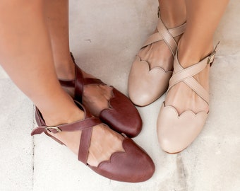 Manglar. Zapatos planos de ballet de cuero / sandalias de boda boho / zapatos descalzos / sandalias planas de cuero