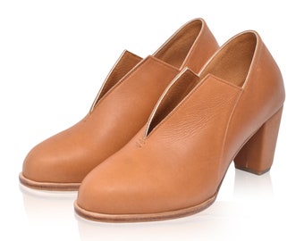 ANGIE. Leather heels / tan leather booties  / tan booties / boho leather shoes. Sizes 35-43. Available in different leather colors