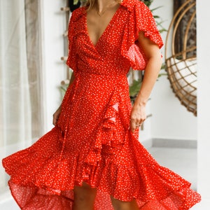 CARMEN. Wrap maxi dress / boho dress / boho maxi dress / frilled / frilly dress / floral maxi dress / bohemian dress / maxi dress boho Spotted Red