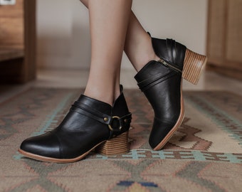 DASHA. Black booties / leather ankle booties /  western booties / block heel booties. ALL sizes