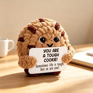 May include: A round, tan, crocheted cookie plush toy with dark brown chocolate chip accents and black plastic eyes. It holds a white rectangular sign that reads: YOU ARE A TOUGH COOKIE! Sometimes life is tough, but so are you! in black text.