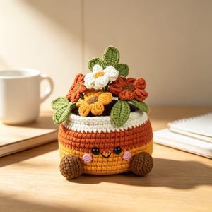 Crochet Fall Flower Pot Doll, Handmade Amigurumi Potted Floral Decor, Cute Whimsical Autumn Desk Ornament For Home
