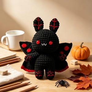 May include: A black crocheted plush toy shaped like a moth with red accents on its wings, ears, and feet. The creature has two round red eyes and a small white stitched mouth. The wings feature red circular patterns and red vein-like details.