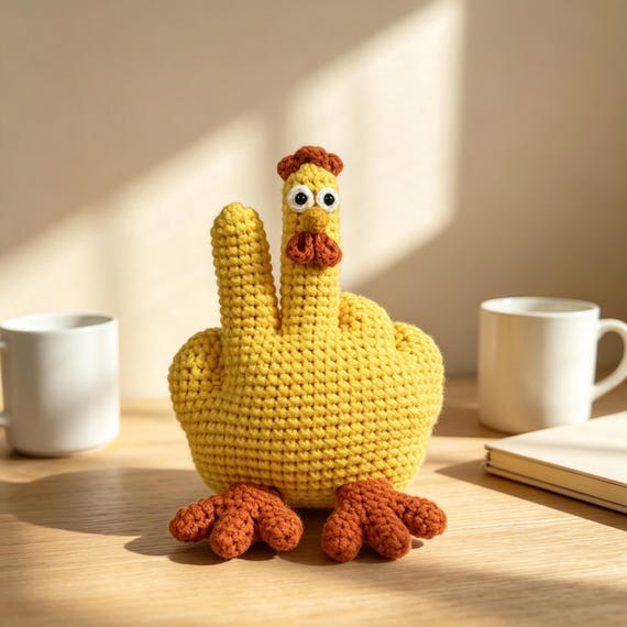 A handmade amigurumi chicken flipping the bird — the absurd combo of wholesome crochet craft and maximum sass makes this genuinely one-of-a-kind.