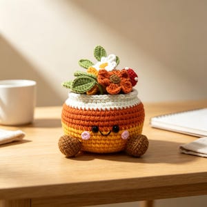 Crochet Fall Flower Pot Doll, Handmade Amigurumi Potted Floral Decor, Cute Whimsical Autumn Desk Ornament For Home