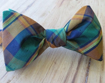 Men's Gold & Green Plaid Silk (2.5") Bow Tie. Adjustable and Self Tie; Pre-tied available, Men's Bow Tie