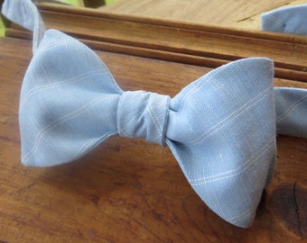 Men's Light Blue Linen Bow Tie With Fine White Strip,  2 5/8" h, Self Tie and Adjustable