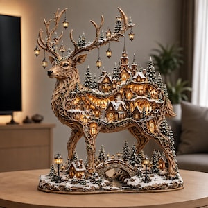 May include: A decorative sculpture of a deer with an intricate body containing a miniature illuminated winter village. The deer features hanging lanterns on its antlers, snow-dusted pine trees, small houses, and a stone bridge on the base.