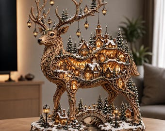 Winter Deer Village Lantern Sculpture STL | Fantasy Woodland Diorama (Digital Download)