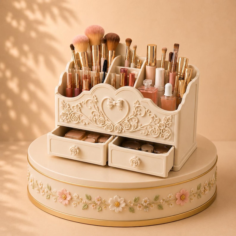 Makeup Organizer STL File, 3D Printable Cosmetic Storage, Vanity Desk Organizer, Beauty Organizer with Drawers, Makeup Brush Holder STL