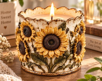 Può includere: Un portacandele cilindrico con bordo smerlato, caratterizzato da una base color crema con finitura maculata. L'esterno è decorato con girasoli scolpiti in tre dimensioni e foglie verdi. Una candela accesa è posizionata all'interno.