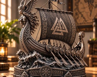 May include: A detailed bronze-toned sculpture of a Viking longship featuring a Valkyrie figurehead with wings, a sail displaying the Valknut symbol, and oars along the sides. The base is decorated with a Vegvisir compass and runic inscriptions.