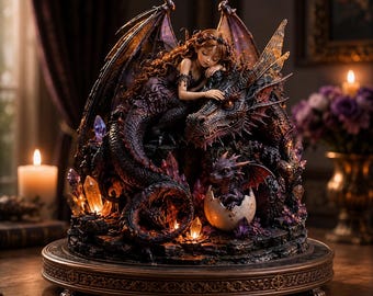 Può includere: Una scultura dettagliata che raffigura una persona dai capelli lunghi che riposa su un grande drago dalle scaglie scure con ali spiegate. Un piccolo drago emerge da un uovo bianco, circondato da cristalli viola e arancioni su una base rotonda.