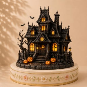 May include: A dark, multi-story haunted house figurine with a textured stone facade, multiple gabled roofs, and a chimney. The windows emit a warm yellow glow. Three orange jack-o'-lanterns sit on the front steps, and two black bats fly above.