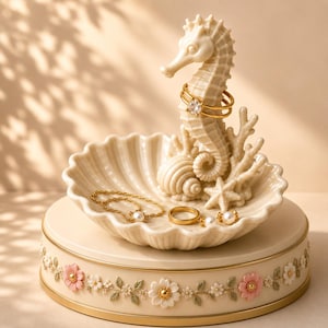 Könnte beinhalten: Eine cremefarbene Schmuckschale aus Keramik mit einer zentralen Skulptur aus Seepferdchen, Korallen und Seestern. Die Schale steht auf einem zylindrischen Sockel, der mit einem Relief aus kleinen rosa und weißen Blüten sowie grünen Blättern verziert ist.