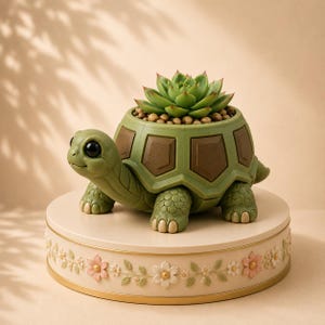 Può includere: Un vaso a forma di tartaruga verde con un guscio dai toni marroni che contiene una pianta succulenta verde. La tartaruga ha grandi occhi neri e una pelle testurizzata. Poggia su una base rotonda color crema decorata con fiori in rilievo.