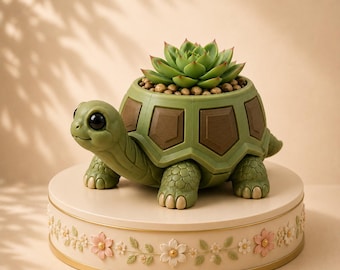 Può includere: Un vaso a forma di tartaruga verde con un guscio dai toni marroni che contiene una pianta succulenta verde. La tartaruga ha grandi occhi neri e una pelle testurizzata. Poggia su una base rotonda color crema decorata con fiori in rilievo.