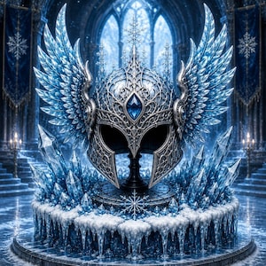 May include: A silver helmet featuring intricate filigree patterns, large wing-shaped side attachments, and a central blue gemstone. The helmet is displayed on a circular base surrounded by jagged blue ice crystals and snow-covered surfaces.