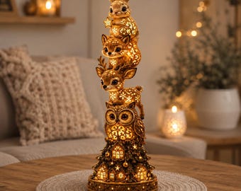 Può includere: Una scultura decorativa verticale che raffigura una pila di animali del bosco, tra cui un coniglio, una volpe, un cervo e un gufo, tutti illuminati dall'interno. La base ha la forma di un pino con piccole case ed emana una luce calda.