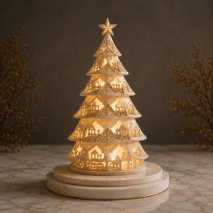 Könnte beinhalten: Eine kegelförmige, cremeweiße Weihnachtsbaumskulptur aus Keramik mit filigranen Ausschnitten von kleinen Häusern und Bäumen. Die Struktur wird von innen beleuchtet, strahlt ein warmes Licht aus und ist mit einem fünfzackigen Stern gekrönt.