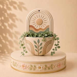 Pode incluir: Um vaso de parede em cerâmica cor de creme com um motivo de sol e ondas em tons suaves de bege, castanho e verde. A taça semicircular apresenta um design central de folhas e linhas arqueadas, contendo uma planta verde com pequenas folhas.