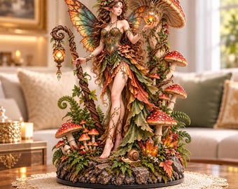 Può includere: Una statuetta dettagliata di una fata con ali iridescenti, che indossa un abito con motivo a foglie, in piedi tra funghi a pois rossi e felci. La fata tiene una lanterna luminosa, con una lumaca e cristalli alla base.