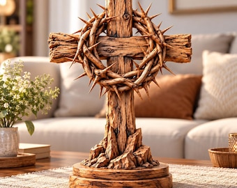 Crown of Thorns Cross STL, Rustic Wooden Cross Sculpture, Christian Religious Decor, 3D Printable File